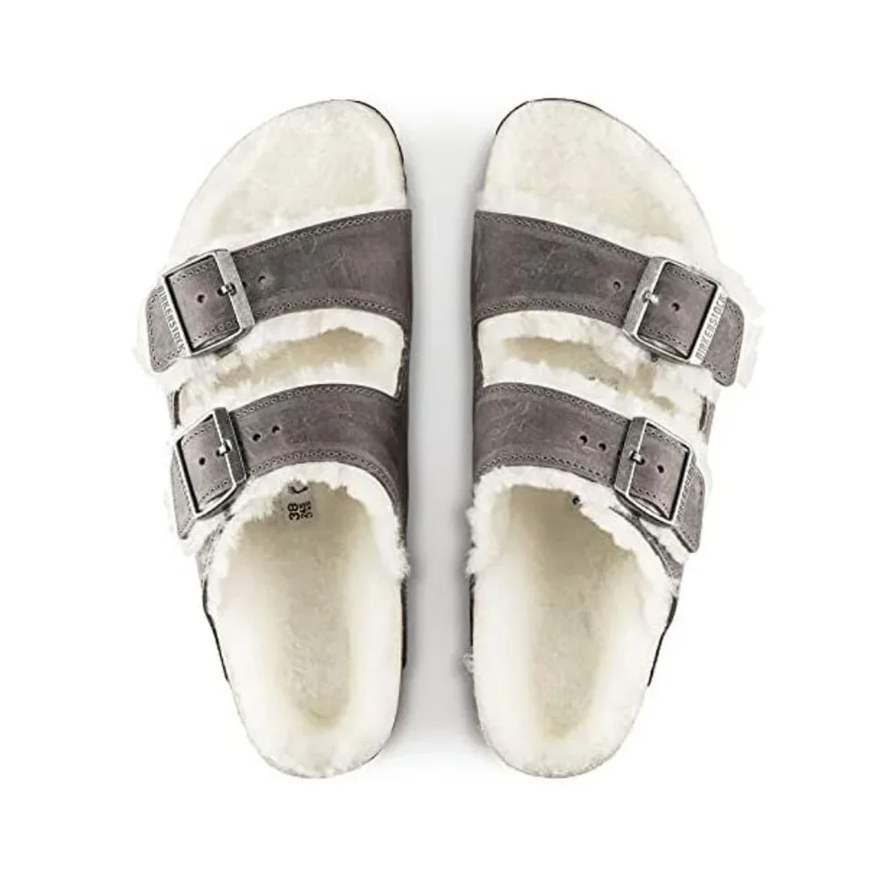 NWB! Birkenstock Men's Arizona Shearling Sandals, Iron/Natural, Grey, Tan, 8 US